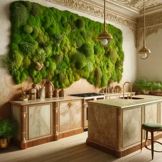 DALL·E 2024-05-14 22.02.56 - A magical kitchen interior with a more natural-looking moss wall, featuring a small white and black cat sleeping peacefully. The kitchen merges modern.webp