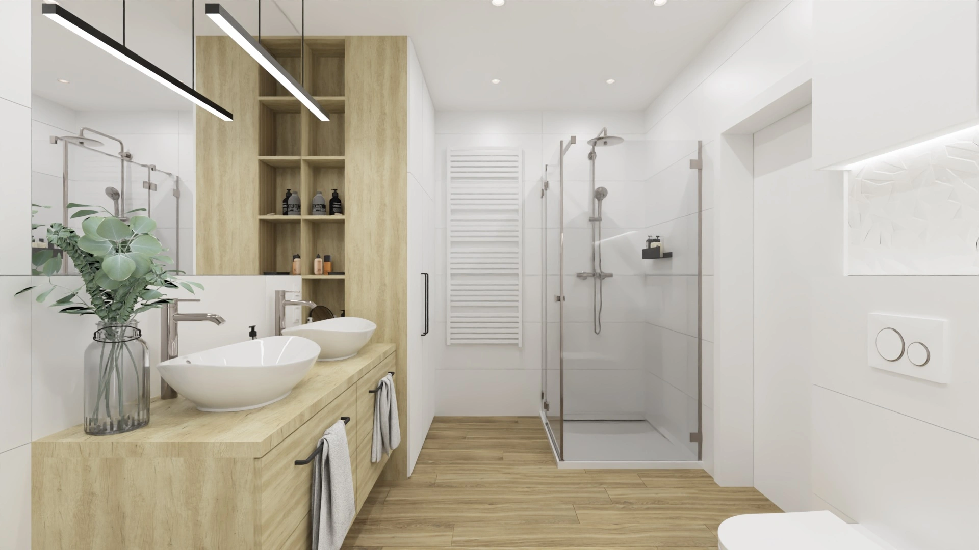 Łazienka w kolorze białym z szafką łazienkową, styl skandynawski. Element charakterystyczny: szafka łazienkowa