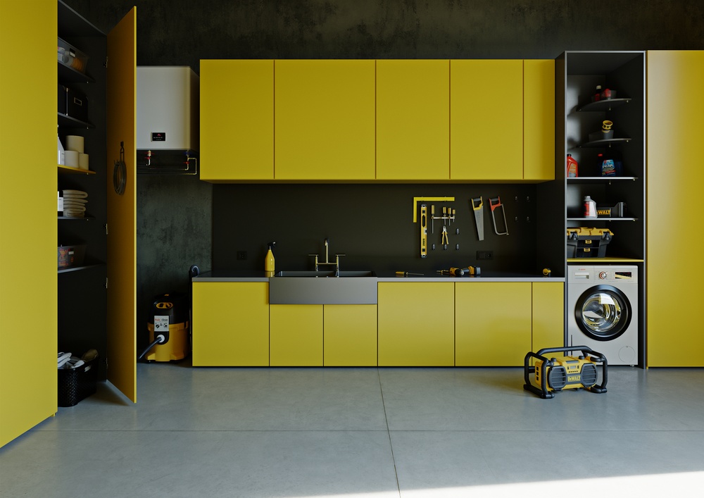 Garaż w stylu nowoczesnym z żółtą zabudową