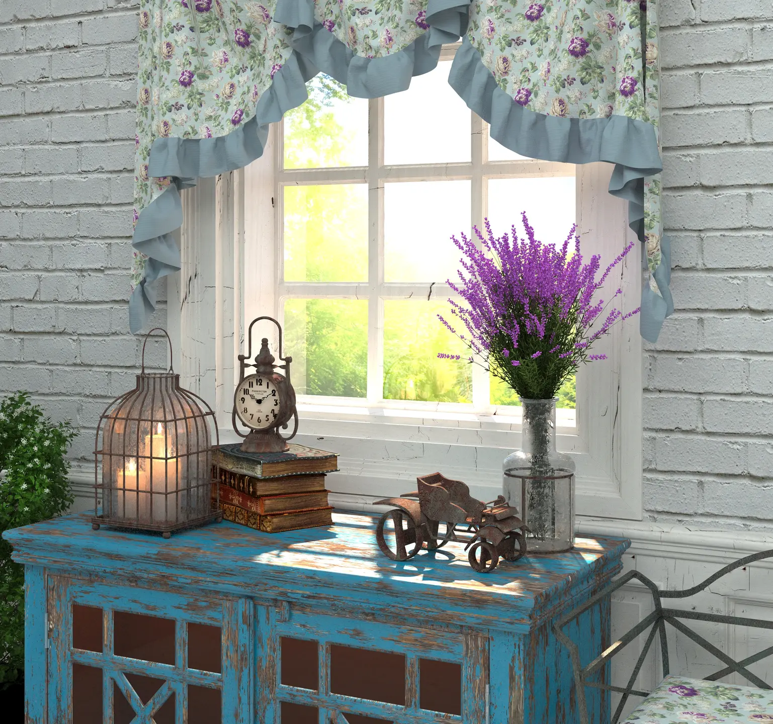 Jadalnia w kolorze niebieskim z oknem w stylu prowansalskim, styl prowansalski. Element charakterystyczny: okno w stylu prowansalskim