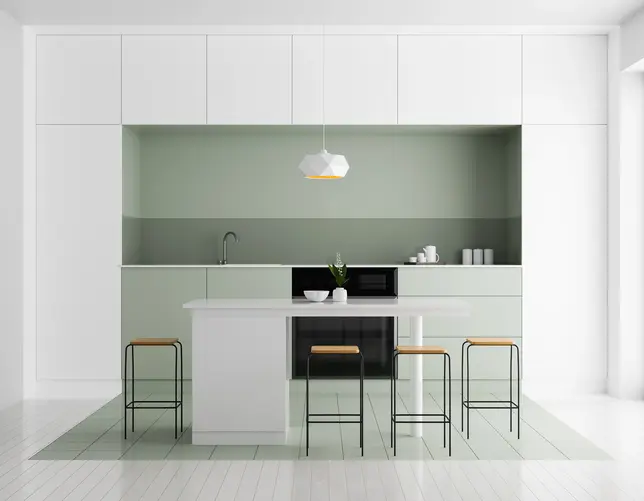 Kuchnia w kolorze białym, styl minimalistyczny.