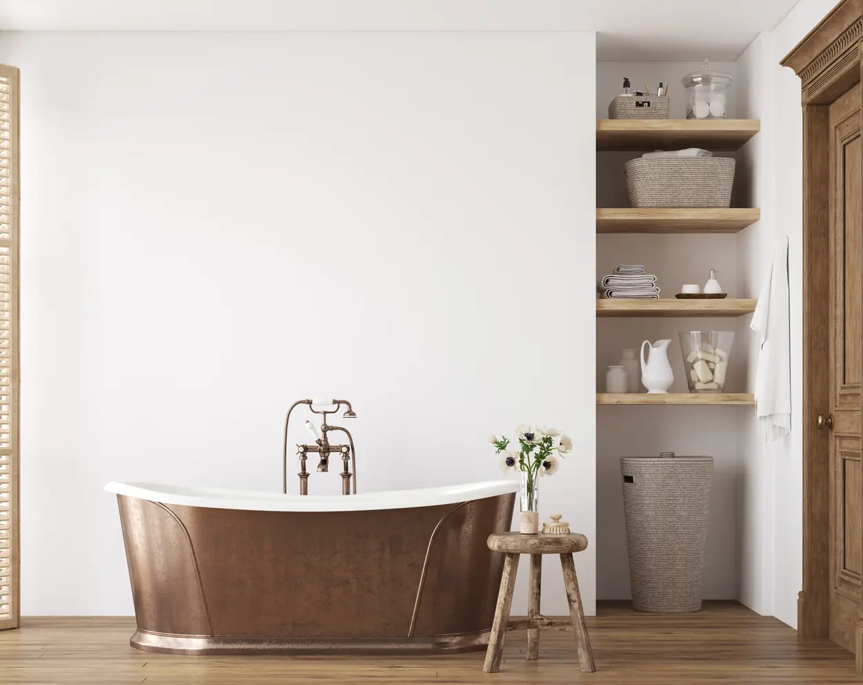 Łazienka w kolorze białym z wanną rustykalną, styl rustykalny. Element charakterystyczny: wanna rustykalna