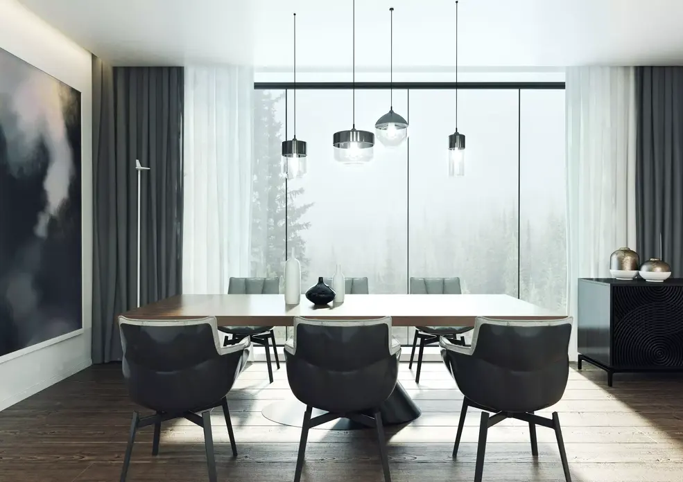 Salon w stylu minimalistycznym z jadalnią