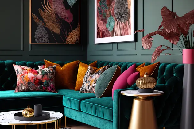 Salon w kolorze zielonym z kanapą w butelkowej zieleni, styl eklektyczny. Element charakterystyczny: kanapa w butelkowej zieleni