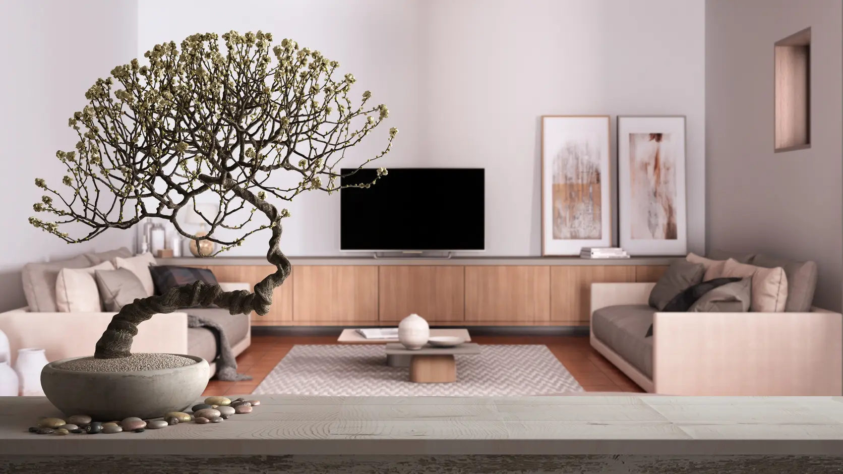 Salon w kolorze beżowym z szafka rtv i drzewkiem bonsai, styl japoński. Element charakterystyczny: szafka rtv i drzewko bonsai