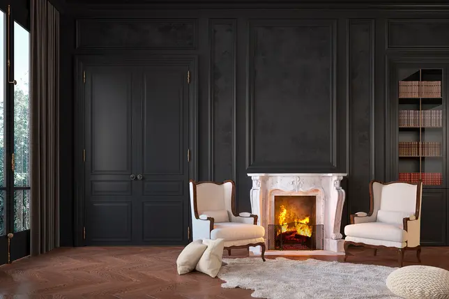 Salon w kolorze czarnym z kominkiem, styl klasyczny. Element charakterystyczny: kominek. Kolor dopełniający biały.