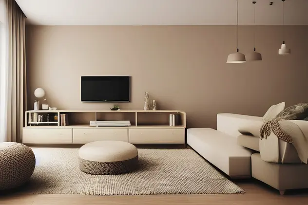 Salon w kolorze beżowym, styl minimalistyczny.