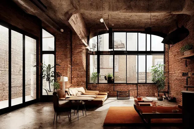 Salon w kolorze brązowym w loftowym klimacie, styl nowojorski. Element charakterystyczny: loftowy klimat