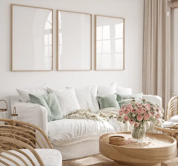 Salon w kolorze białym z białą kanapą, styl rustykalny. Element charakterystyczny: biała kanapa