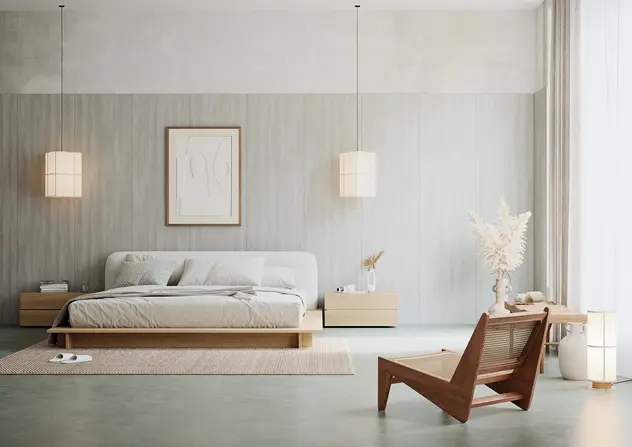 Sypialnia w kolorze białym z dużym łóżkiem, styl japandi. Propozycja dekorów zbliżonych kolorystycznie do elementów widocznych na inspiracji: Dąb Lindberg.Element charakterystyczny:duże łóżko