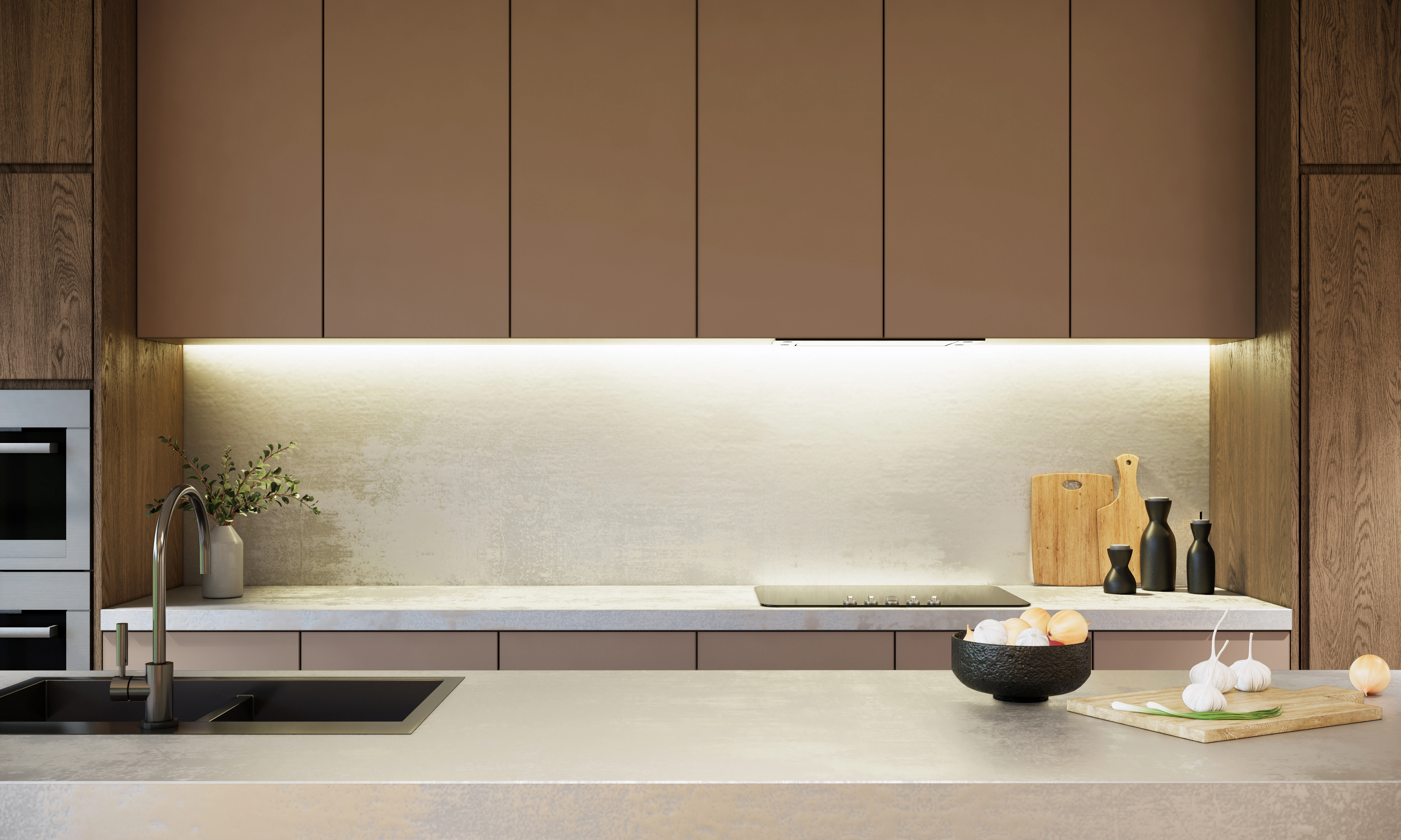 Inspiracja prezentująca kuchnię w kolorze brązowym z brązową zabudową, styl japoński. Element charakterystyczny: brązowa zabudowa
