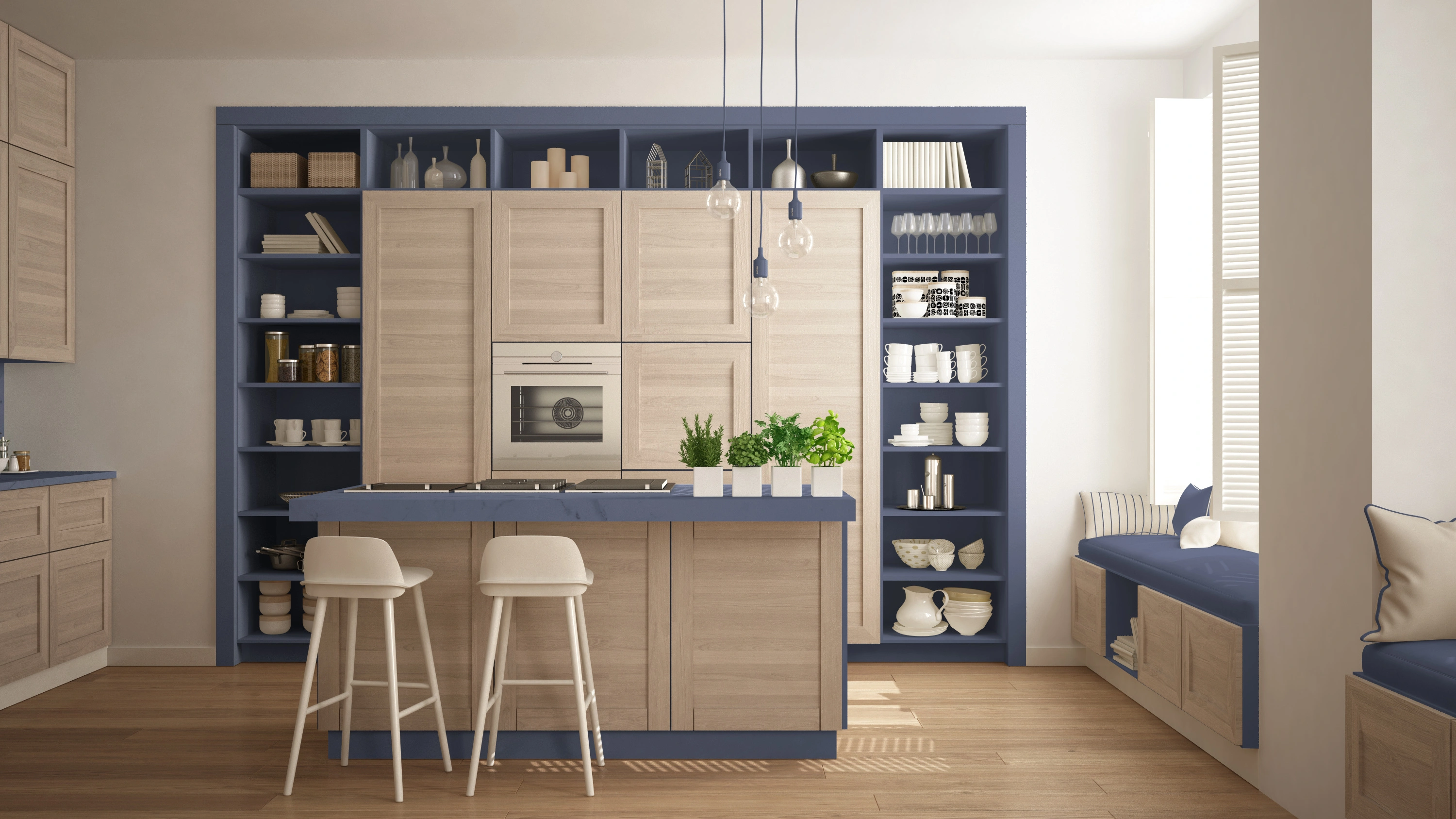 Inspiracja prezentująca kuchnię w kolorze beżowym z niebieskimi półkami, styl marynistyczny. Element charakterystyczny: niebieskie półki