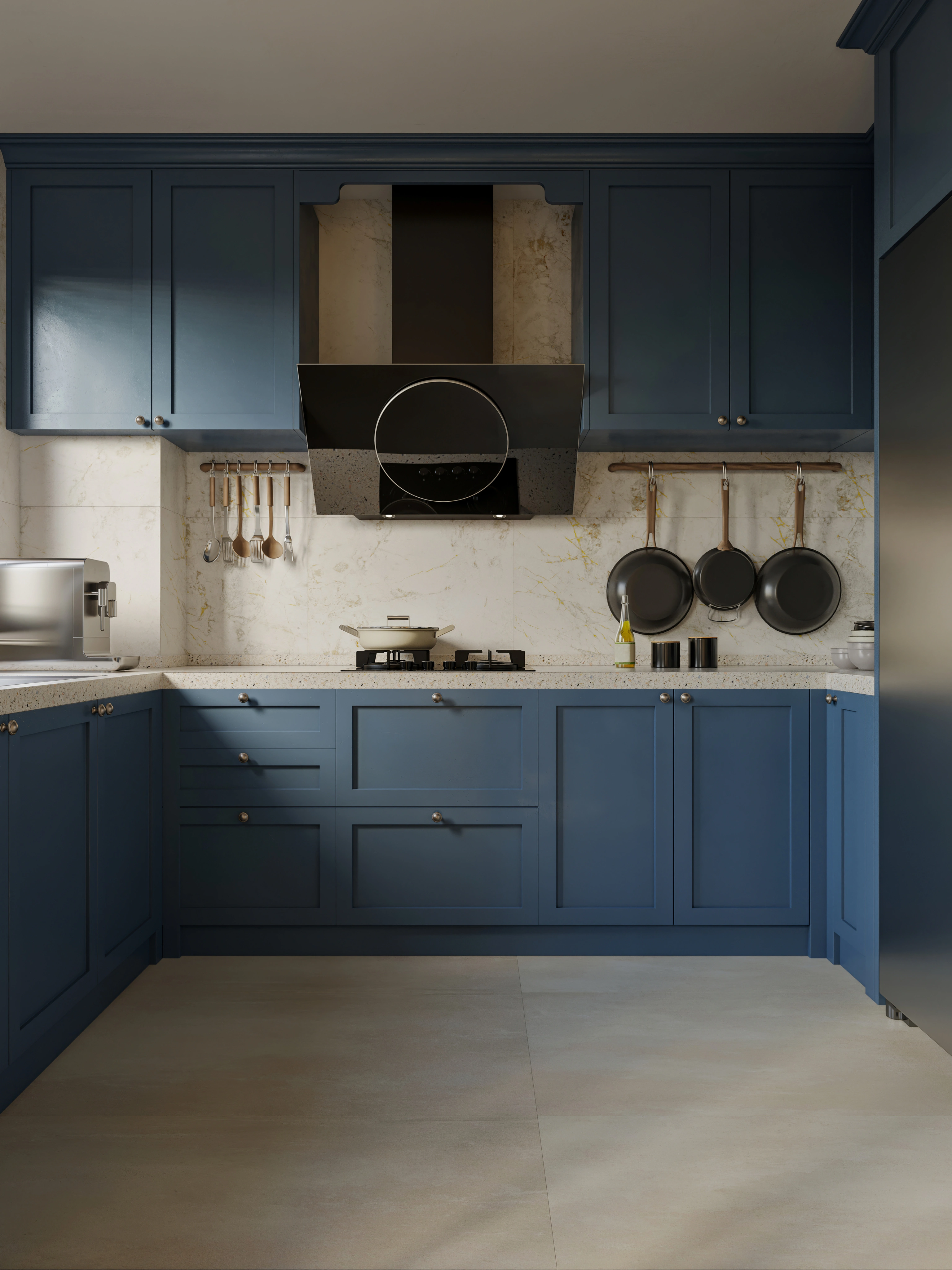 Inspiracja prezentująca kuchnię w kolorze niebieskim, styl marynistyczny.