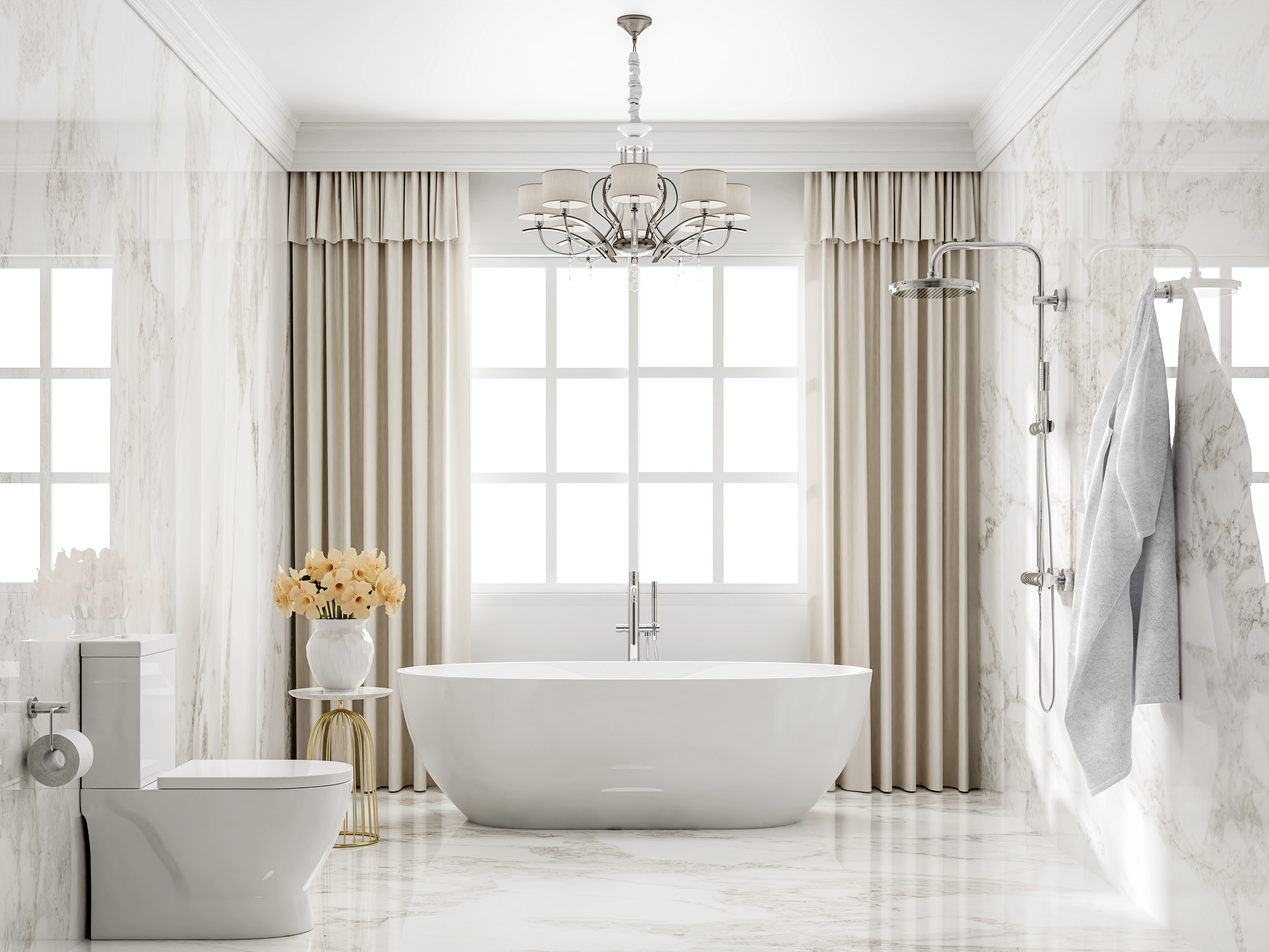 Inspiracja prezentująca łazienkę w kolorze białym z jasnym pokojem kąpielowym w marmurze, styl nowojorski. Element charakterystyczny: jasny pokój kąpielowy w marmurze