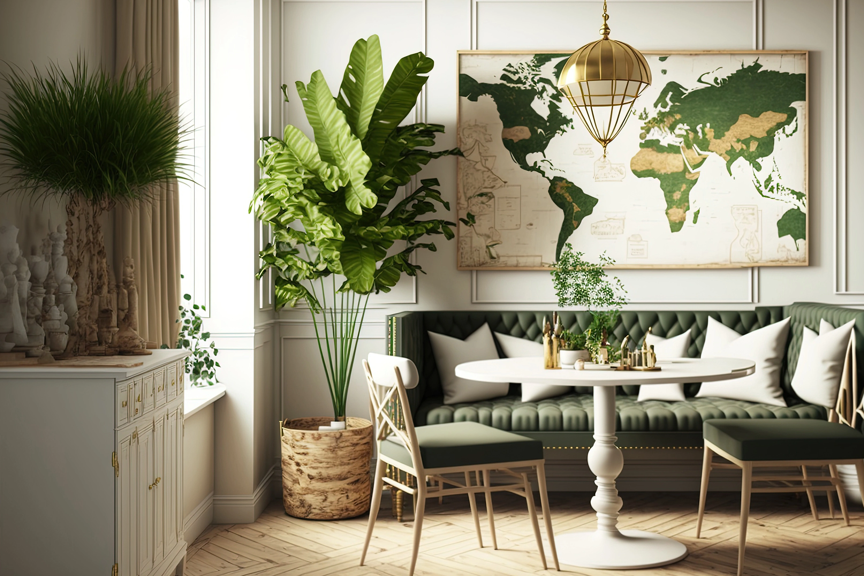Inspiracja prezentująca salon w kolorze zielonym z mapą na scianie, styl kolonialny. Element charakterystyczny: mapa na ścianie