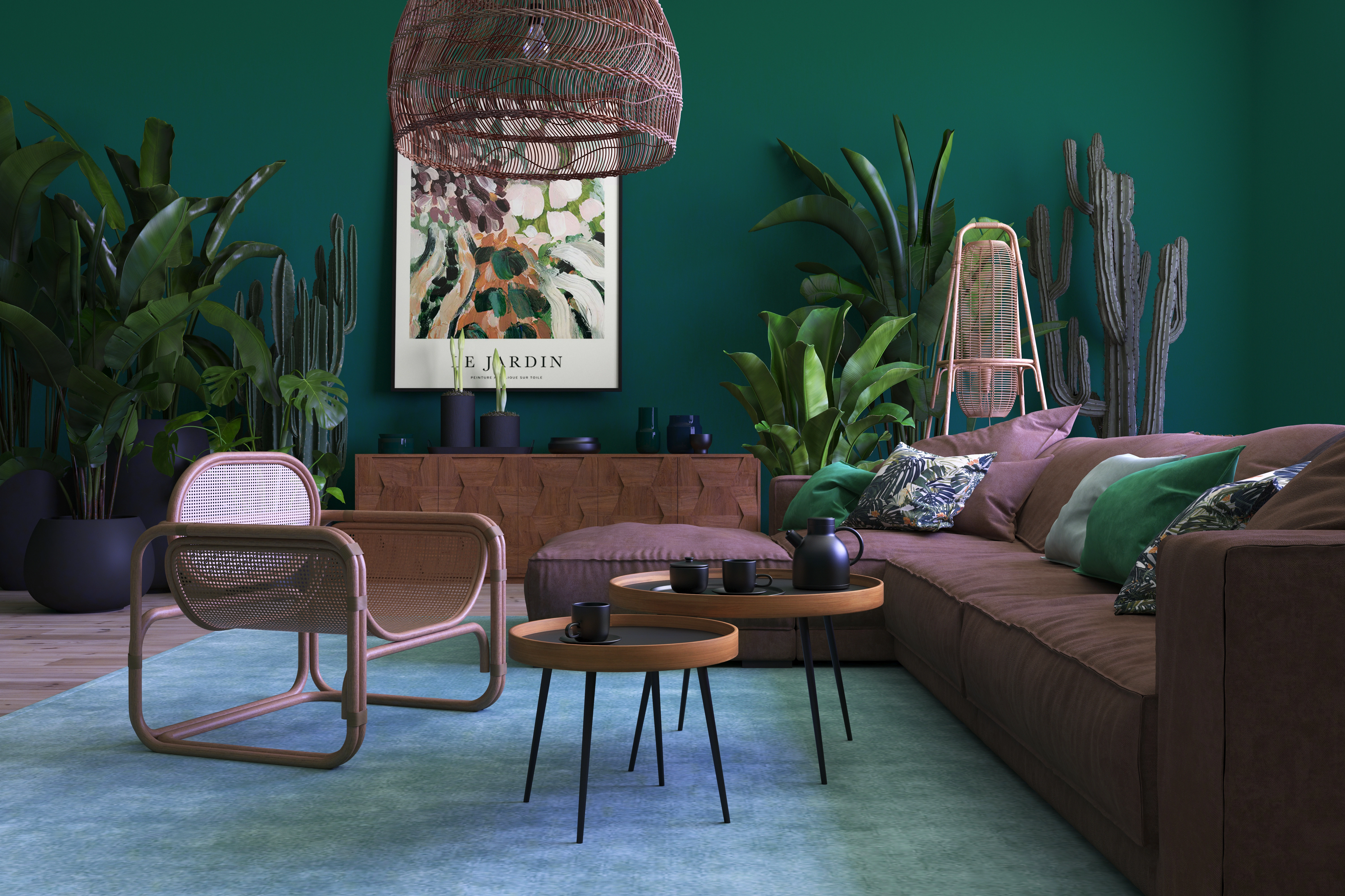 Inspiracja prezentująca salon w kolorze zielonym, styl kolonialny.