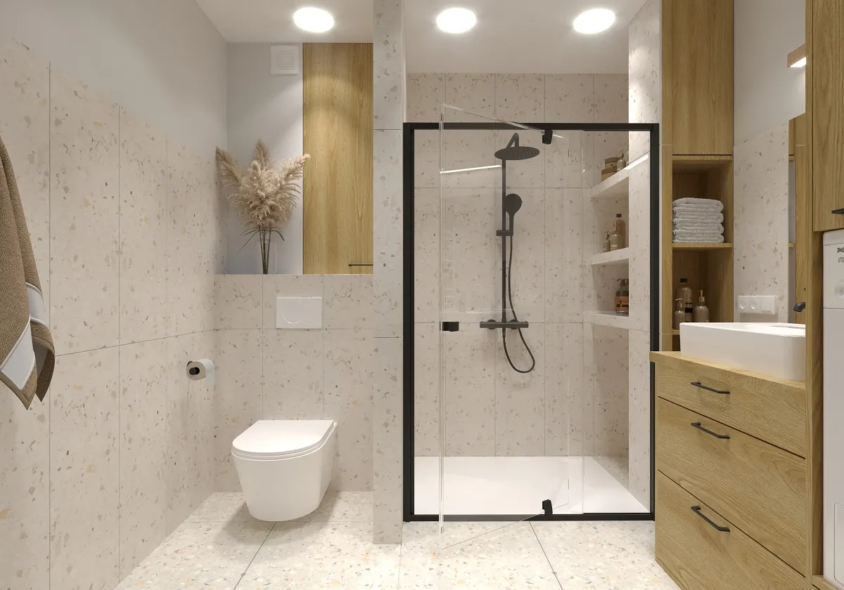 Łazienka w stylu boho w kolorach beżu i bieli z czarnym prysznicem