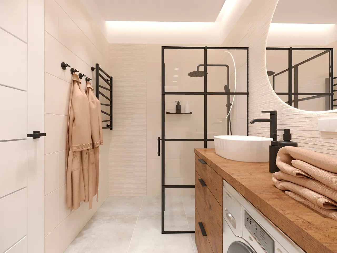 Łazienka w stylu industrialnym w odcieniach bieli, szarości i czerni z czarym prysznicem