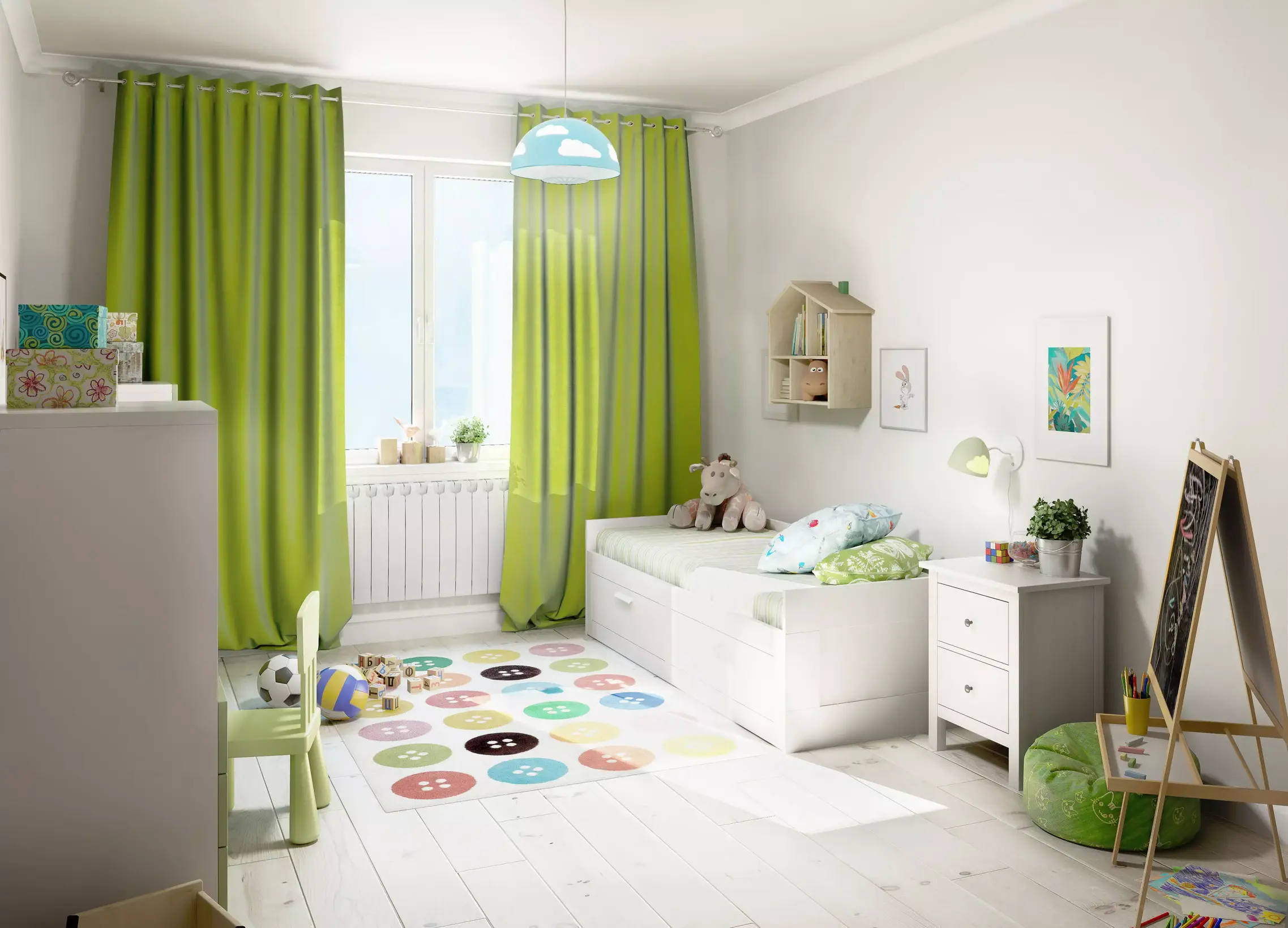 Pokój dziecięcy w stylu nowoczesnym z łóżkiem i komodą. Na zdjęciu widoczne duże okno z zielonymi zasłonami. Propozycja dekorów użytych w realizacji: Biel Arktyczna