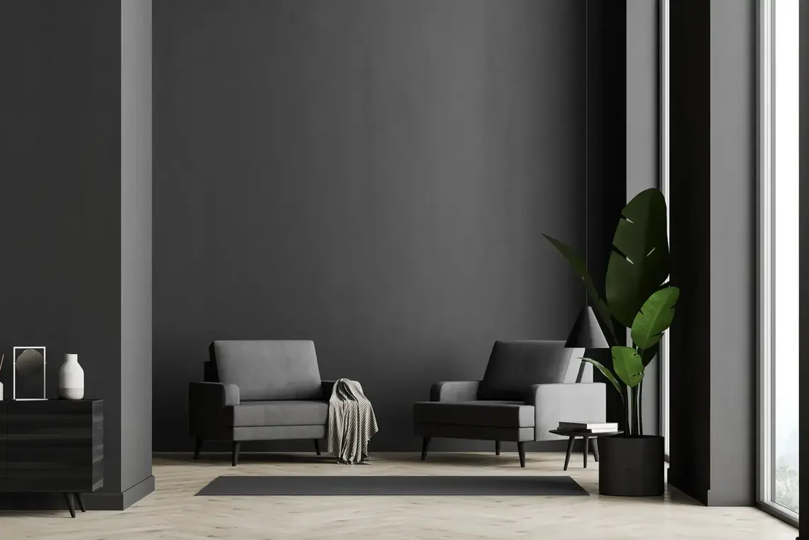 Salon w stylu minimalistycznym z carnymi ścianami, jasną podłogą. Element uzupełniający to dwa fotele w odcieniu szarości.