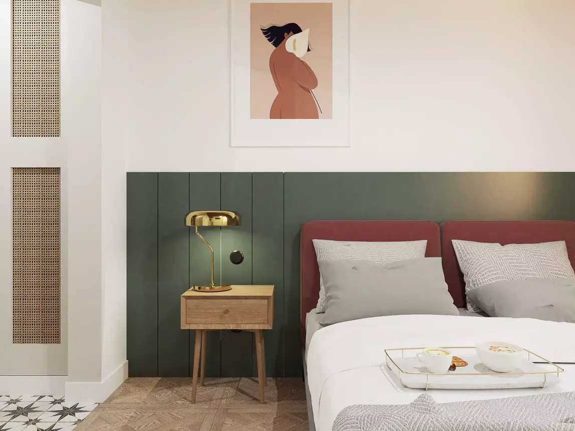 Sypialnia w stylu bauhaus z dużym łóżkiem. Nad łóżkiem obraz. Propozycja dekorów użytych na zdjęciu: Dąb Olejowany, Zieleń Butelkowa