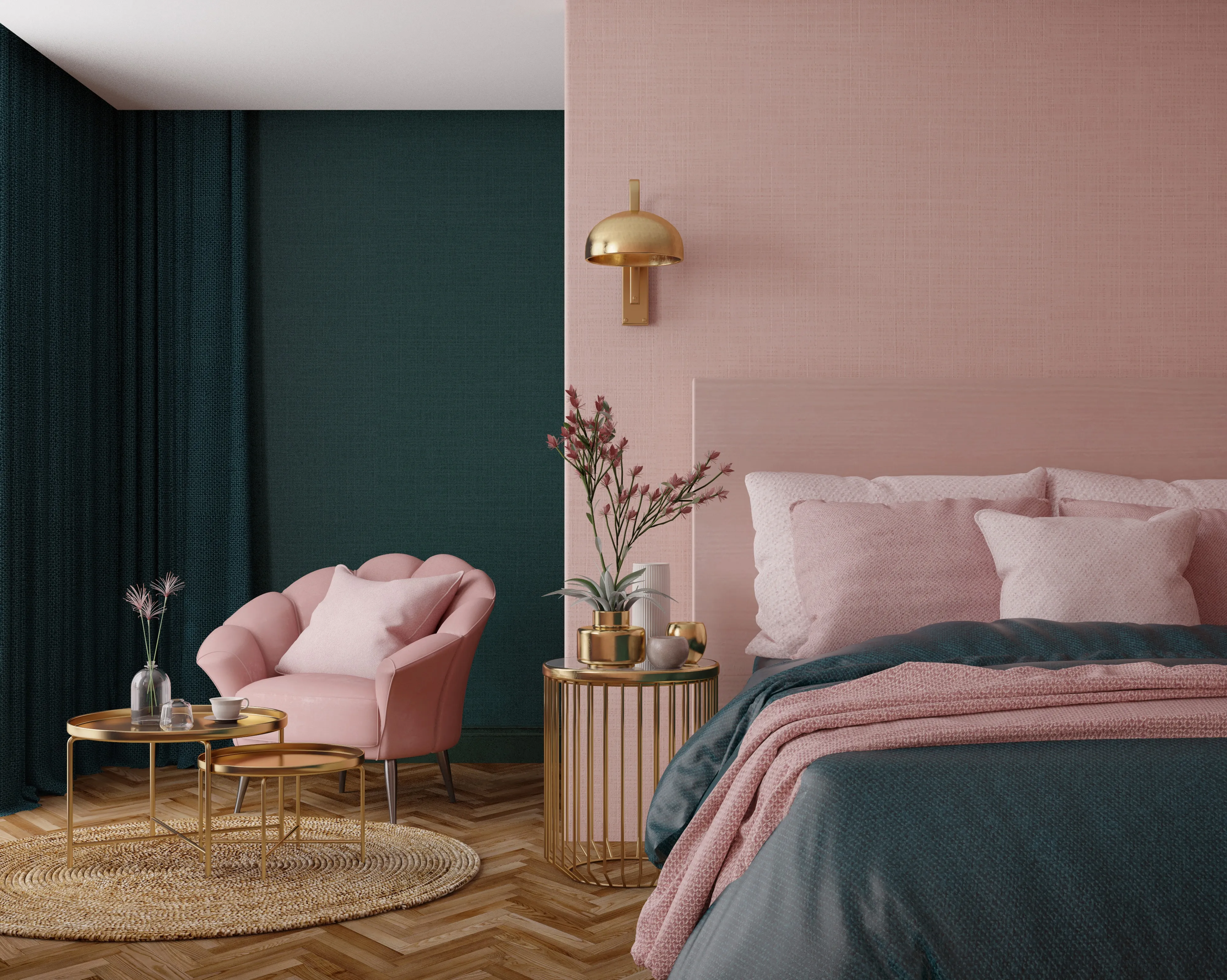 Sypialnia w kolorze różowym w stylu glamour z dużym łóżkiem.