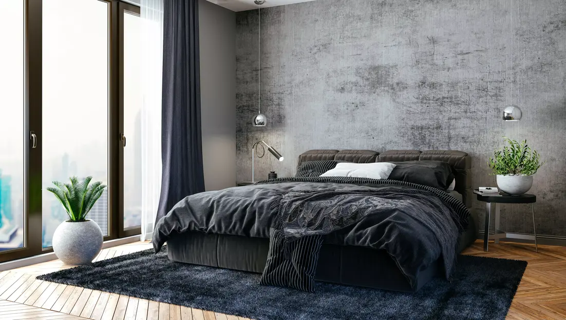 Sypialnia w stylu industrialnym z łóżkiem. Kolory widoczne na zdjęciu to szary, czarnyi zielony. Propozycja dekorów użytych w aranżacji: Mitu Szary i Antracyt